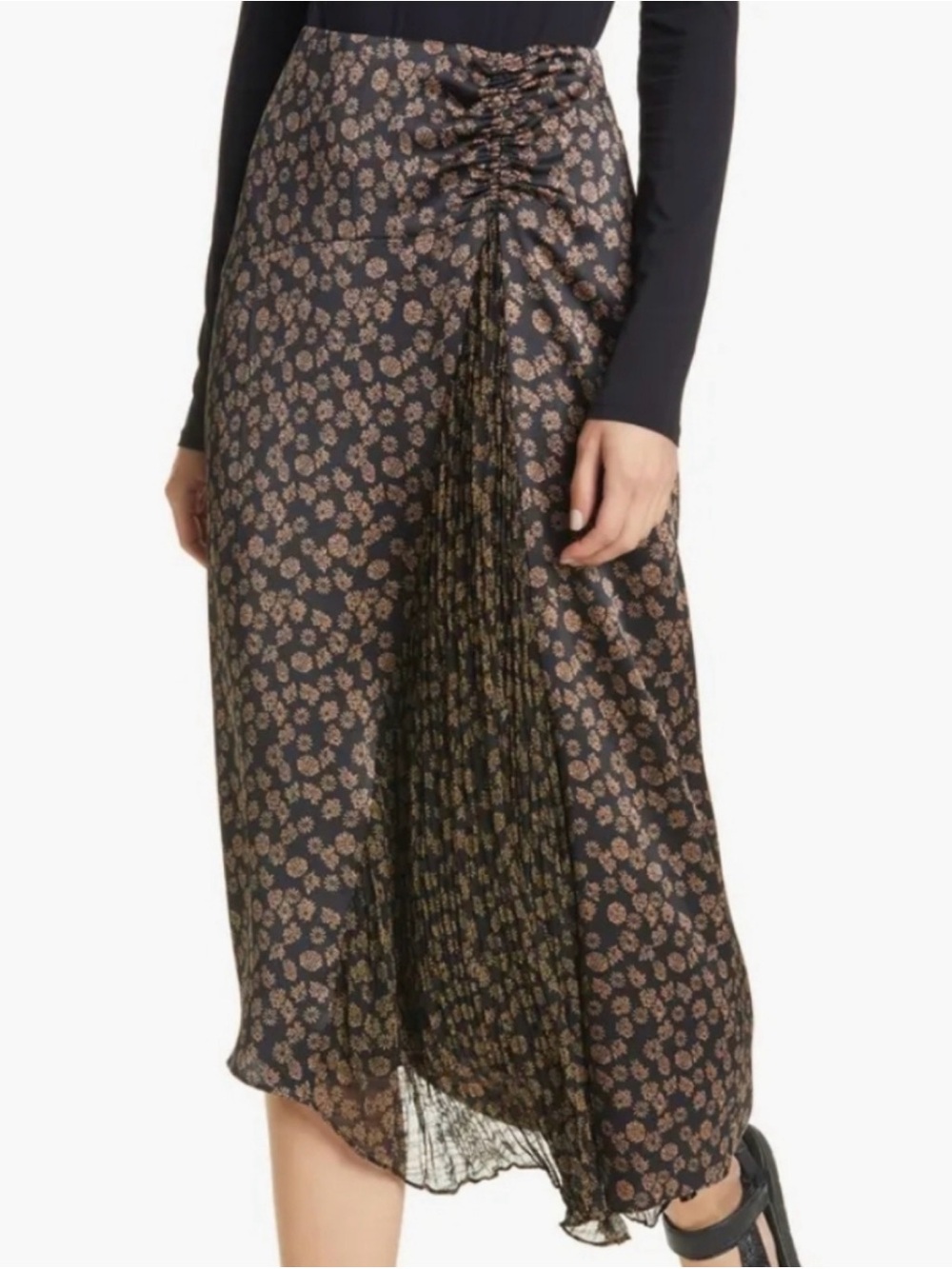 Vince Black Midi Skirt with Brown Floral Print